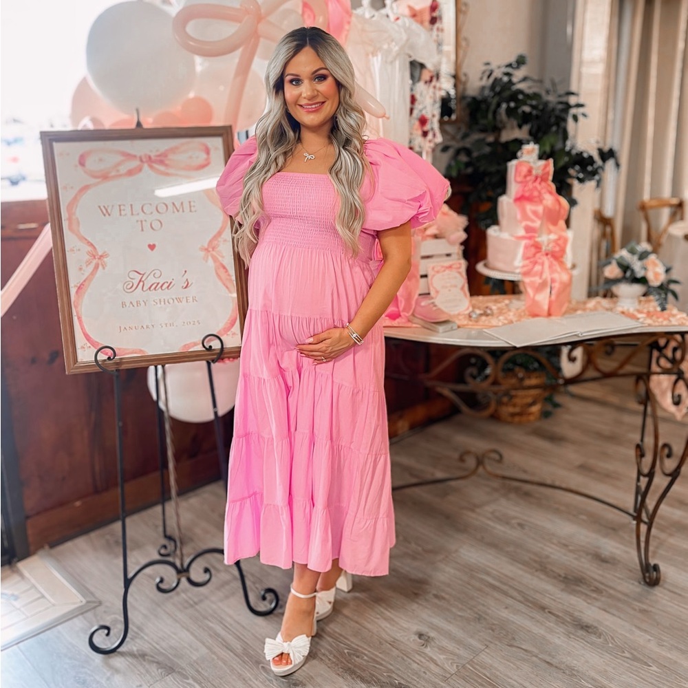 pink tiered midi dress with puff sleeves